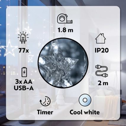 BRILAGI - LED Valoverho 77xLED/3xAA/USB 1,8m kylmä valkoinen