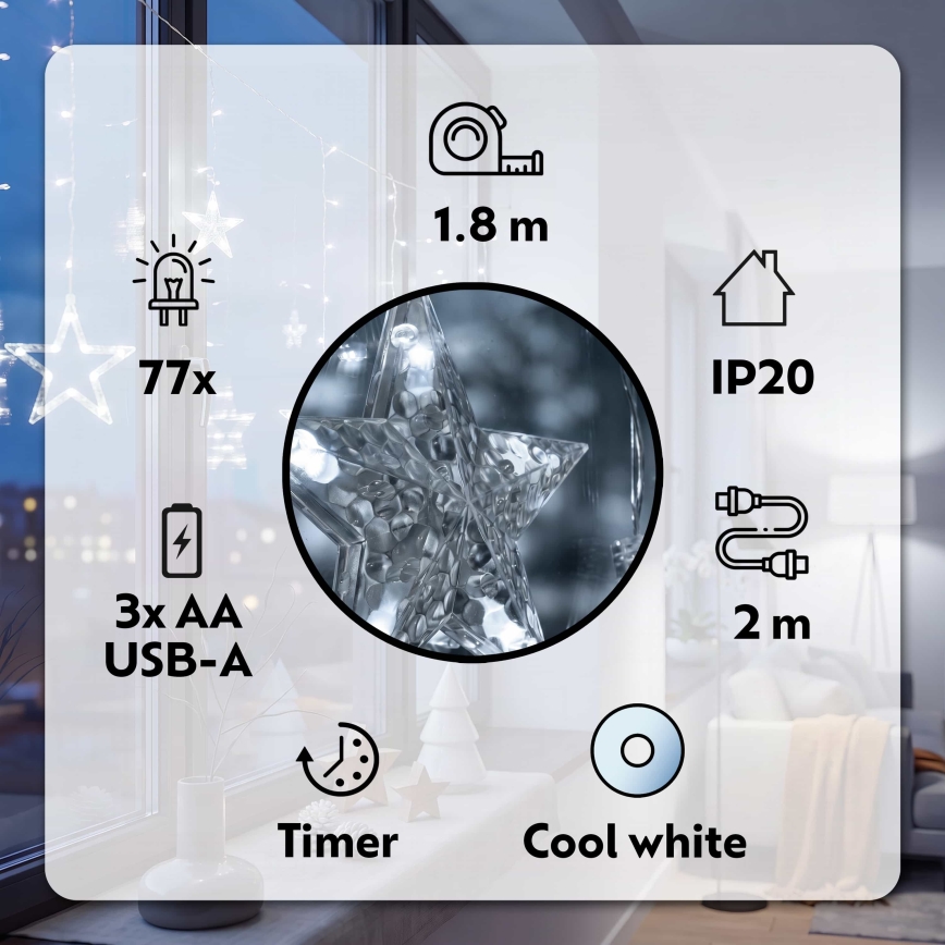 BRILAGI - LED Valoverho 77xLED/3xAA/USB 1,8m kylmä valkoinen