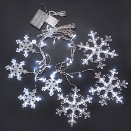 BRILAGI - LED-valoverho 77xLED/3xAA/USB 3,8m lumihiutaleilla, kylmänvalkoinen
