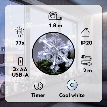 BRILAGI - LED-valoverho 77xLED/3xAA/USB 3,8m lumihiutaleilla, kylmänvalkoinen
