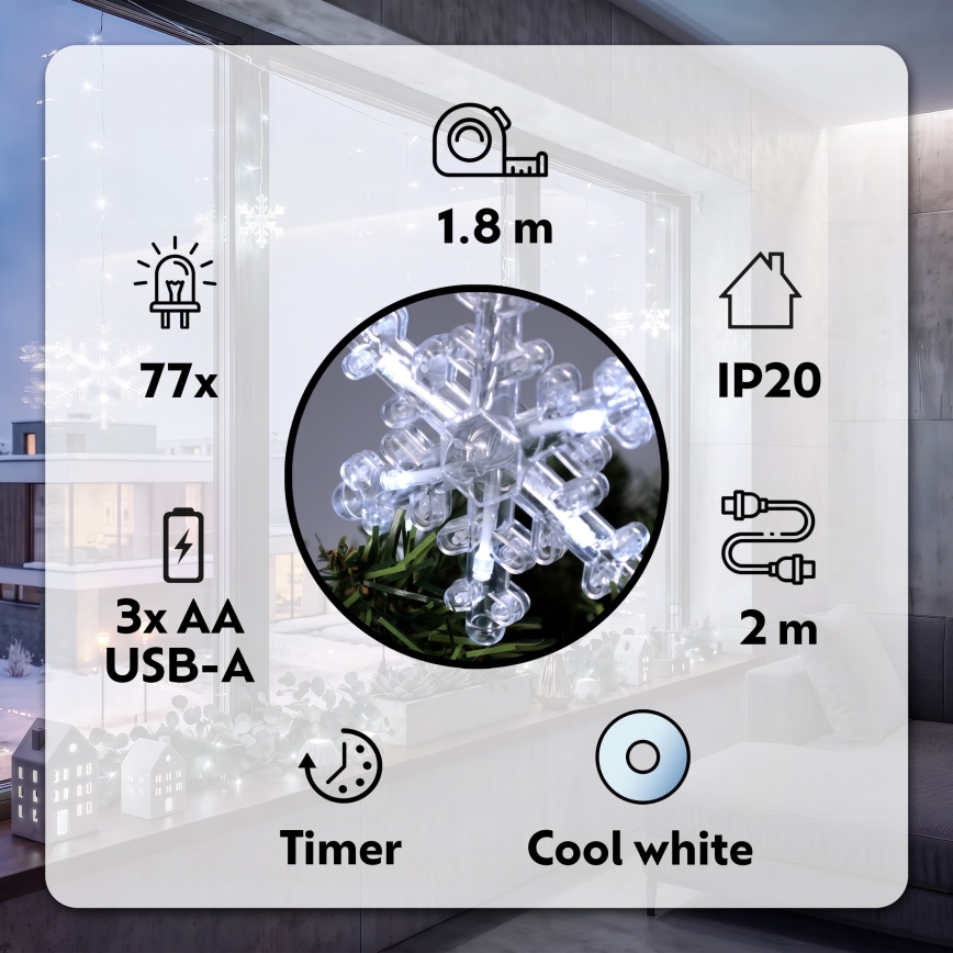 BRILAGI - LED-valoverho 77xLED/3xAA/USB 3,8m lumihiutaleilla, kylmänvalkoinen