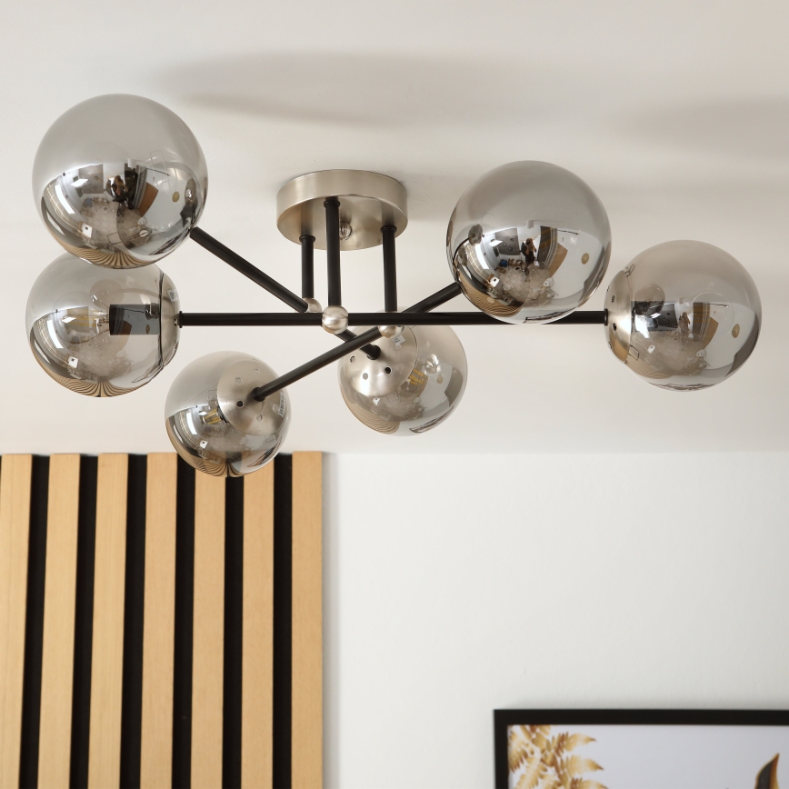 Brilagi - Pintakiinnitteinen kattokruunu MALIVA 6xE14/15W/230V mattakromi/savulasi