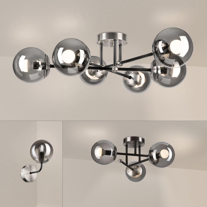 Brilagi - Pintakiinnitteinen kattokruunu MALIVA 6xE14/15W/230V mattakromi/savulasi