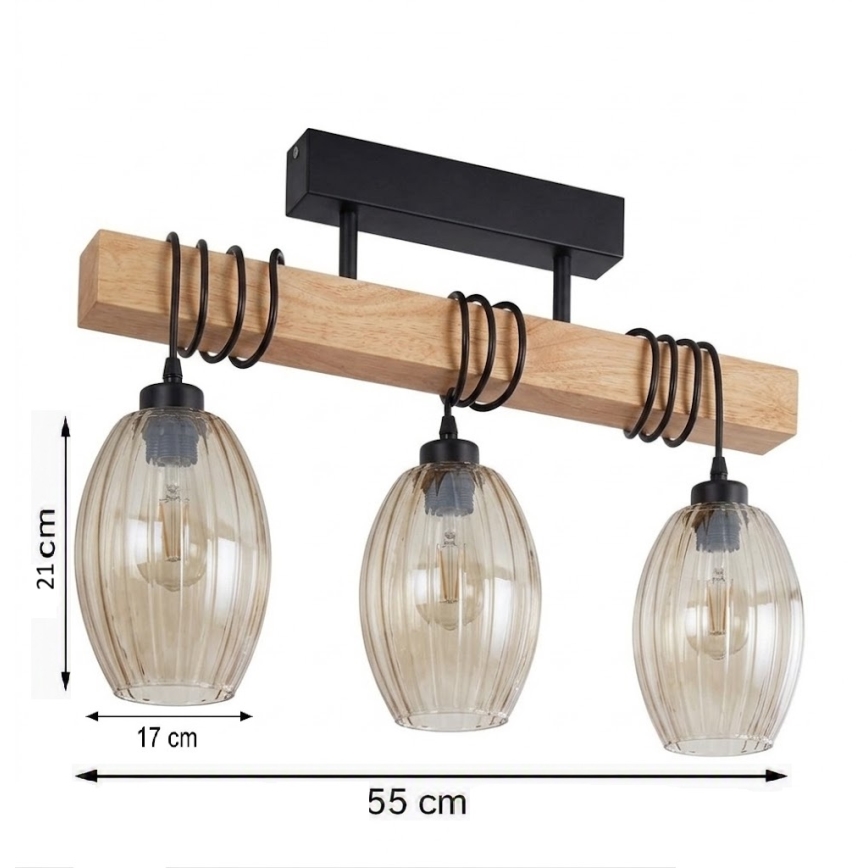 BRILAGI - Pintakiinnitetty kattokruunu WOOD GLASS 3xE27/60W/230V mänty/musta/savuinen beige
