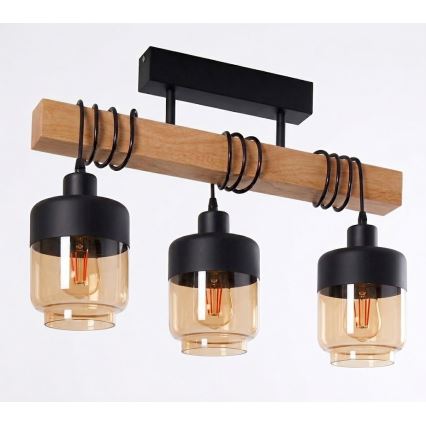 BRILAGI - Pinnalle asennettava kattokruunu WOOD GLASS 3xE27/60W/230V mänty/musta/savunruskea