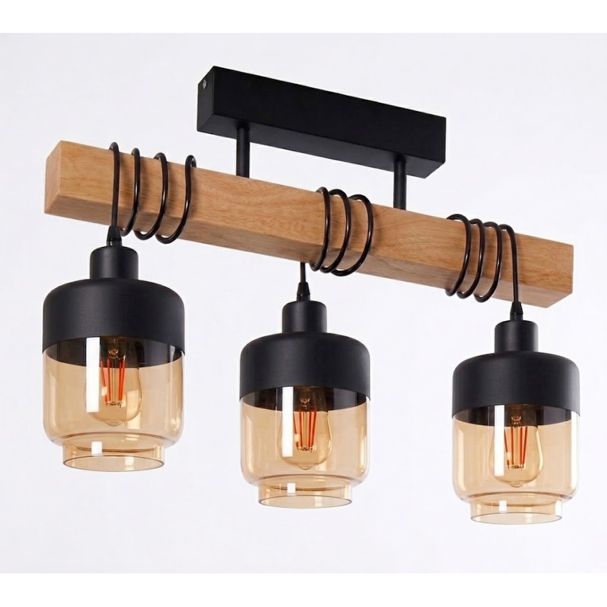 BRILAGI - Pinnalle asennettava kattokruunu WOOD GLASS 3xE27/60W/230V mänty/musta/savunruskea