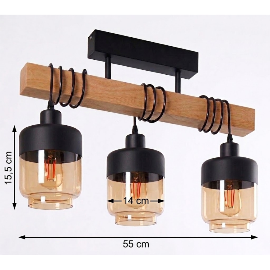BRILAGI - Pinnalle asennettava kattokruunu WOOD GLASS 3xE27/60W/230V mänty/musta/savunruskea