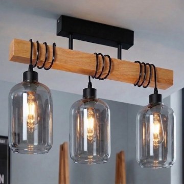BRILAGI - Pintakiinnitteinen kattovalaisin WOOD GLASS 3xE27/60W/230V mänty/musta/savunharmaa