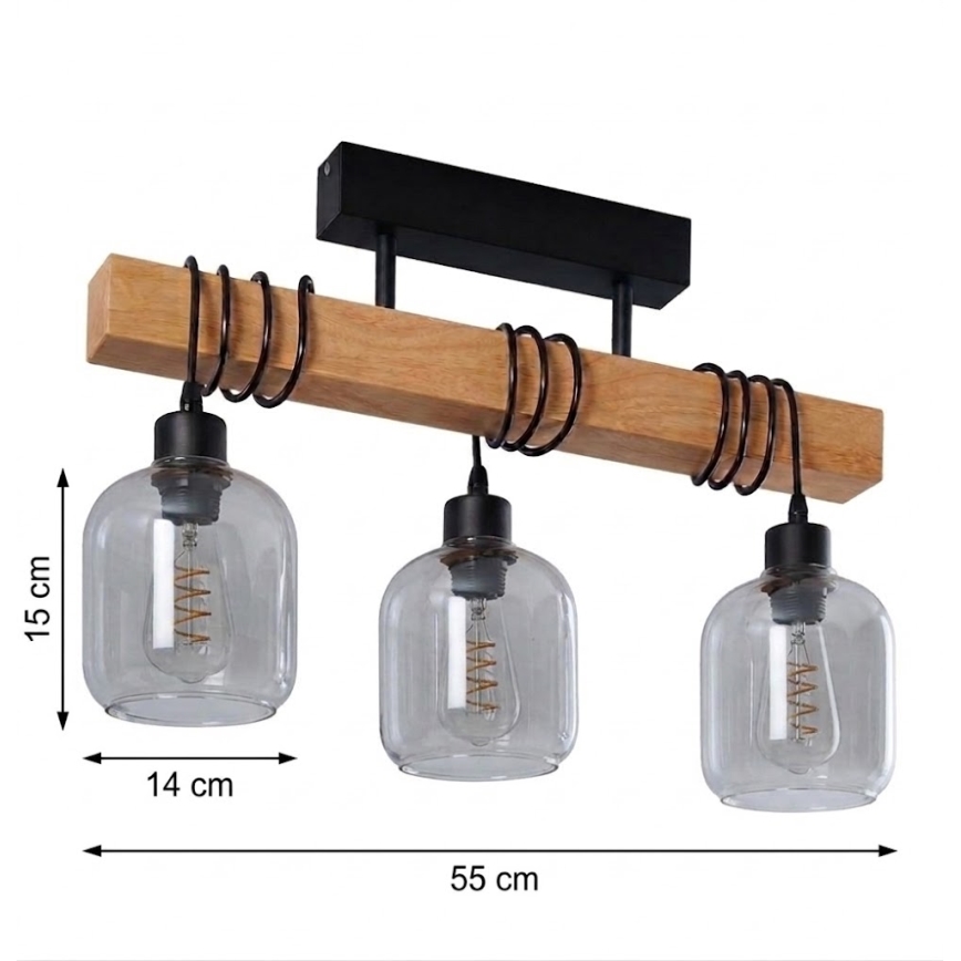 BRILAGI - Pintakiinnitteinen kattovalaisin WOOD GLASS 3xE27/60W/230V mänty/musta/savunharmaa