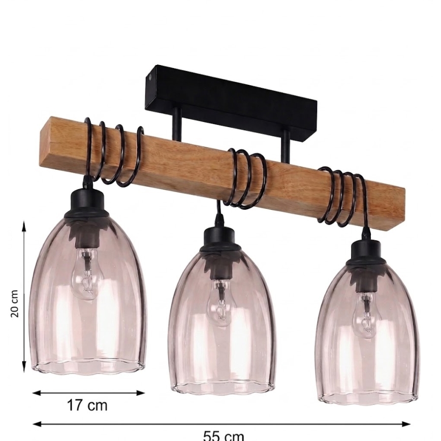 BRILAGI - Pinnalle asennettava WOOD GLASS -kattovalaisin 3xE27/60W/230V, mänty/musta/savunbeige