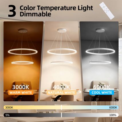 Brilagi - LED himmennettävä riippuvalaisin vaijerilla PORTOFINO LED/98W/230V 3000-6000K halkaisija 80 cm valkoinen + kaukosäädin