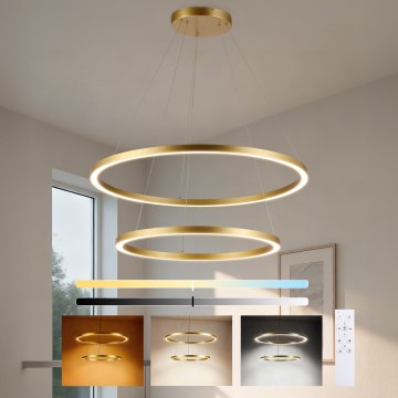 Brilagi - PORTOFINO LED-himmennettävä riippuvalaisin vaijerilla, 98 W / 230 V, 3000–6000 K, halkaisija 80 cm, kulta + kauko-ohjain