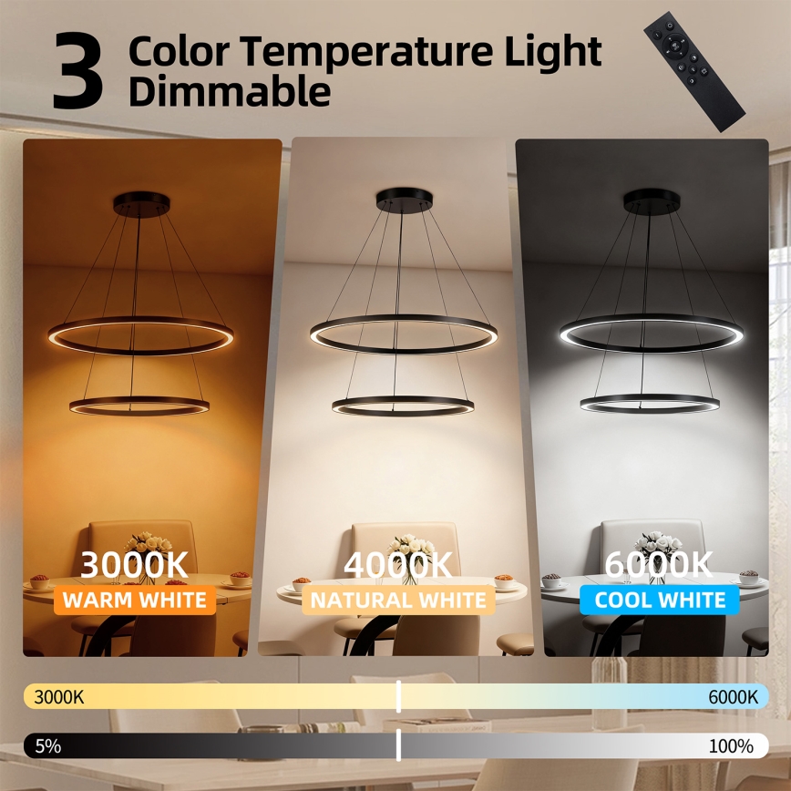 Brilagi - LED himmennettävä riippuvalaisin vaijerilla PORTOFINO LED/98W/230V 3000-6000K halkaisija 80 cm musta + kaukosäädin