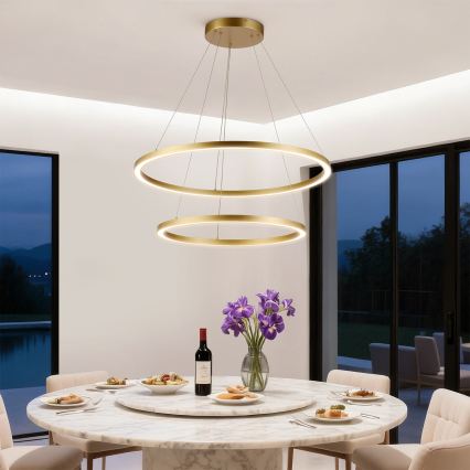 Brilagi - PORTOFINO LED-himmennettävä riippuvalaisin vaijerilla, 98 W / 230 V, 3000–6000 K, halkaisija 80 cm, kulta + kauko-ohjain