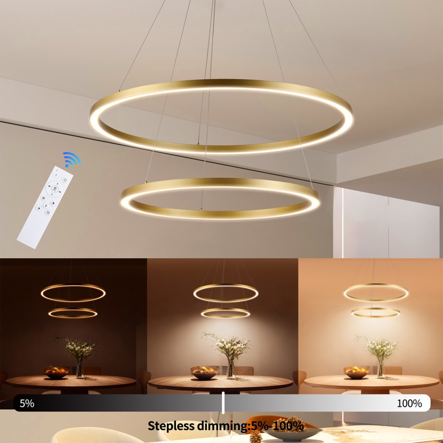Brilagi - PORTOFINO LED-himmennettävä riippuvalaisin vaijerilla, 98 W / 230 V, 3000–6000 K, halkaisija 80 cm, kulta + kauko-ohjain