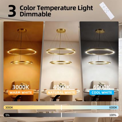 Brilagi - PORTOFINO LED-himmennettävä riippuvalaisin vaijerilla, 98 W / 230 V, 3000–6000 K, halkaisija 80 cm, kulta + kauko-ohjain