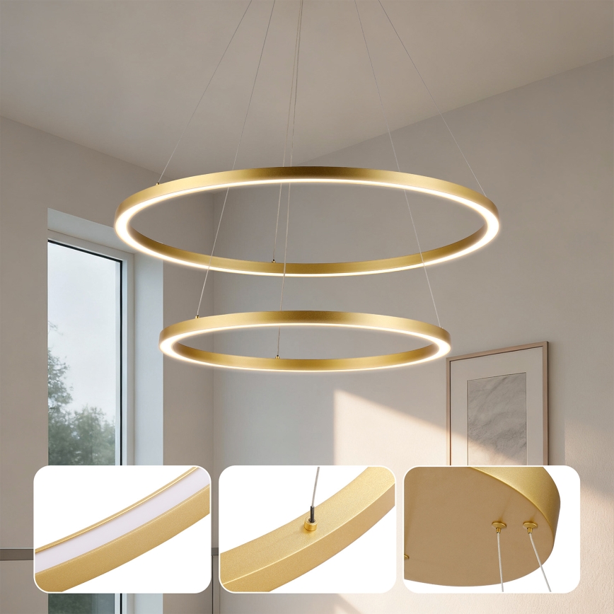 Brilagi - PORTOFINO LED-himmennettävä riippuvalaisin vaijerilla, 98 W / 230 V, 3000–6000 K, halkaisija 80 cm, kulta + kauko-ohjain