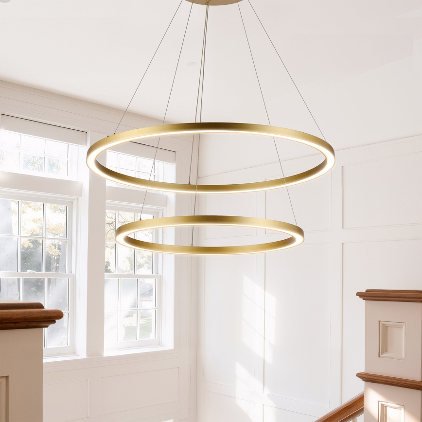 Brilagi - PORTOFINO LED-himmennettävä riippuvalaisin vaijerilla, 98 W / 230 V, 3000–6000 K, halkaisija 80 cm, kulta + kauko-ohjain