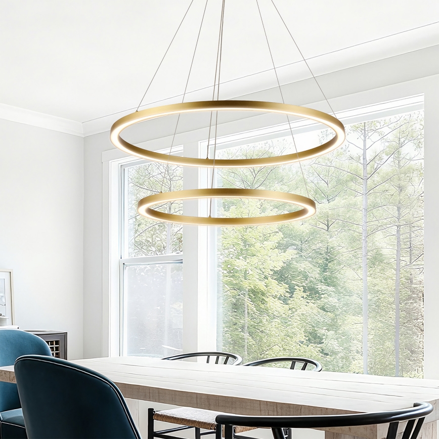 Brilagi - PORTOFINO LED-himmennettävä riippuvalaisin vaijerilla, 98 W / 230 V, 3000–6000 K, halkaisija 80 cm, kulta + kauko-ohjain