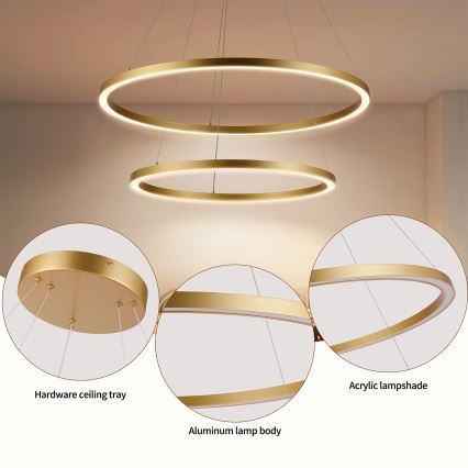 Brilagi - PORTOFINO LED-himmennettävä riippuvalaisin vaijerilla, 98 W / 230 V, 3000–6000 K, halkaisija 80 cm, kulta + kauko-ohjain