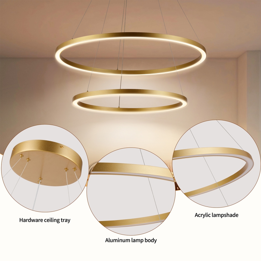 Brilagi - PORTOFINO LED-himmennettävä riippuvalaisin vaijerilla, 98 W / 230 V, 3000–6000 K, halkaisija 80 cm, kulta + kauko-ohjain
