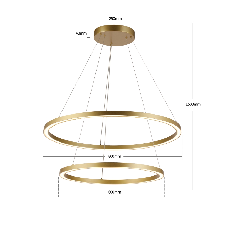 Brilagi - PORTOFINO LED-himmennettävä riippuvalaisin vaijerilla, 98 W / 230 V, 3000–6000 K, halkaisija 80 cm, kulta + kauko-ohjain