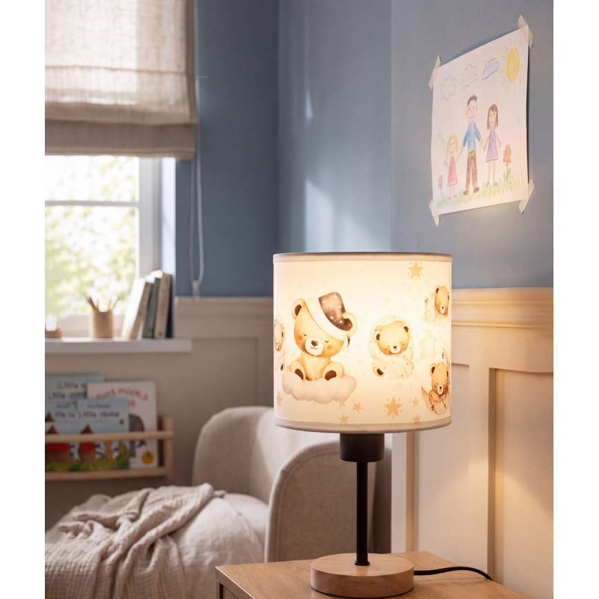 BRILAGI - Lasten pöytälamppu BOBO WOOD 1xE27/25W/230V tammi/musta/valkoinen/nallet
