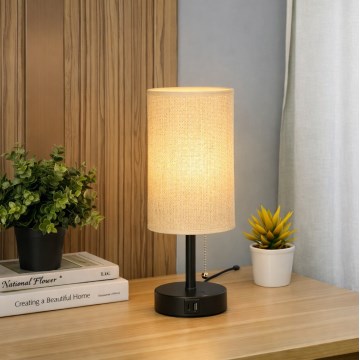 Brilagi - Pöytälamppu TABLON USB-portilla 1xE27/25W/230V musta/beige