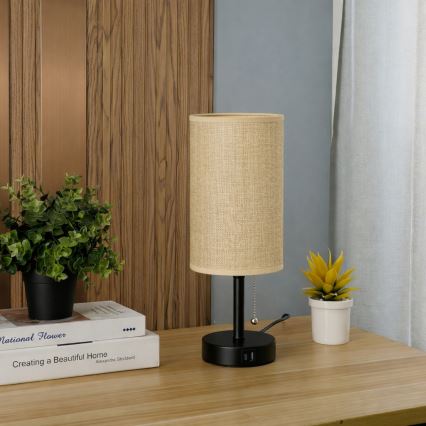 Brilagi - Pöytälamppu TABLON USB-portilla 1xE27/25W/230V musta/beige