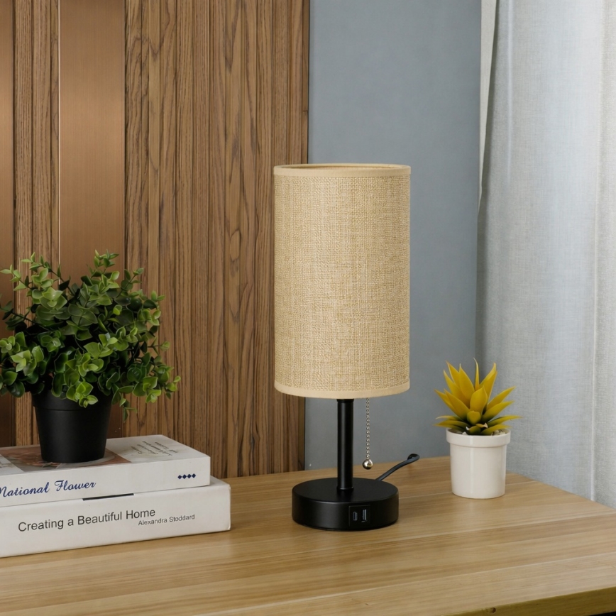 Brilagi - Pöytälamppu TABLON USB-portilla 1xE27/25W/230V musta/beige