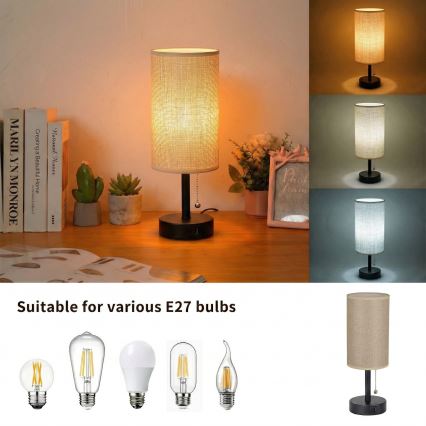 Brilagi - Pöytälamppu TABLON USB-portilla 1xE27/25W/230V musta/beige