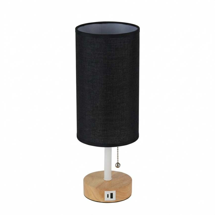 Brilagi - Pöytälamppu TABLON USB-portilla 1xE27/25W/230V tammi/valkoinen/musta