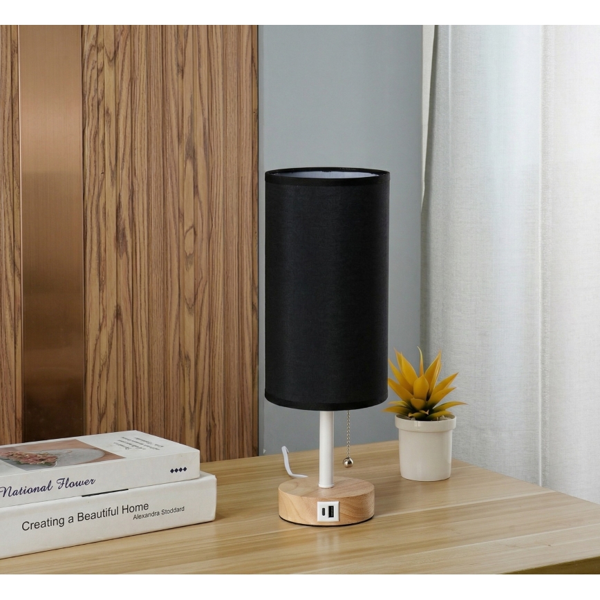 Brilagi - Pöytälamppu TABLON USB-portilla 1xE27/25W/230V tammi/valkoinen/musta