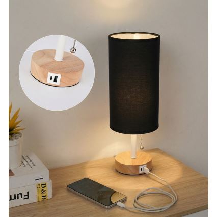 Brilagi - Pöytälamppu TABLON USB-portilla 1xE27/25W/230V tammi/valkoinen/musta