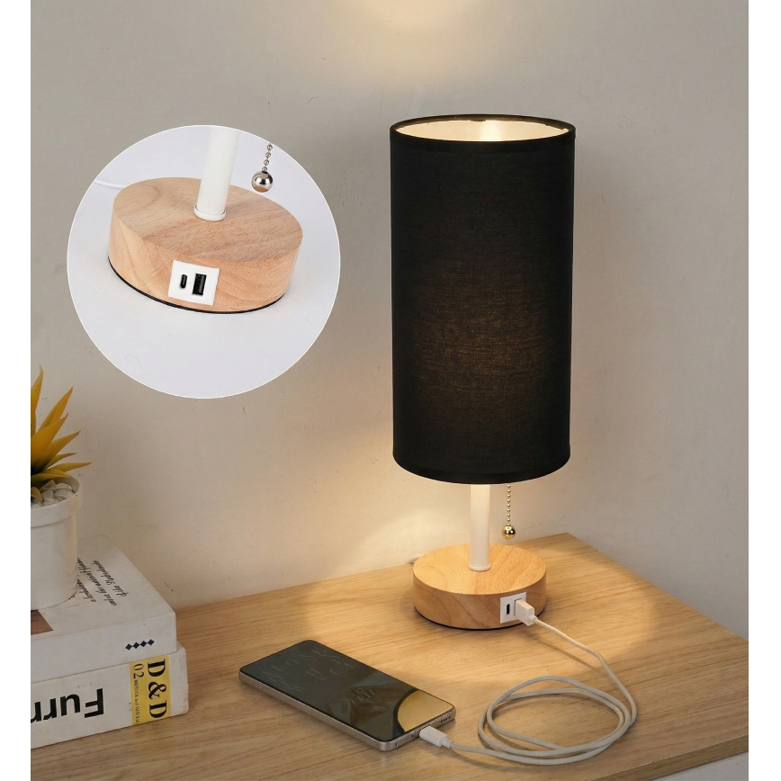 Brilagi - Pöytälamppu TABLON USB-portilla 1xE27/25W/230V tammi/valkoinen/musta