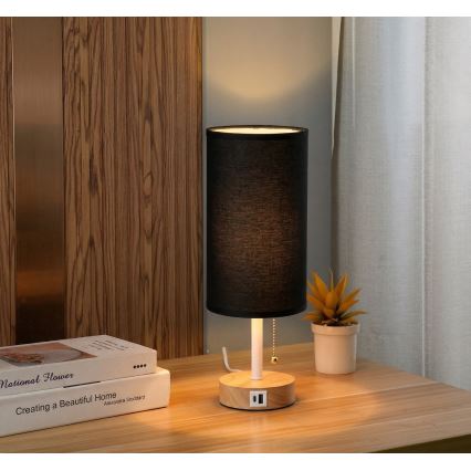 Brilagi - Pöytälamppu TABLON USB-portilla 1xE27/25W/230V tammi/valkoinen/musta