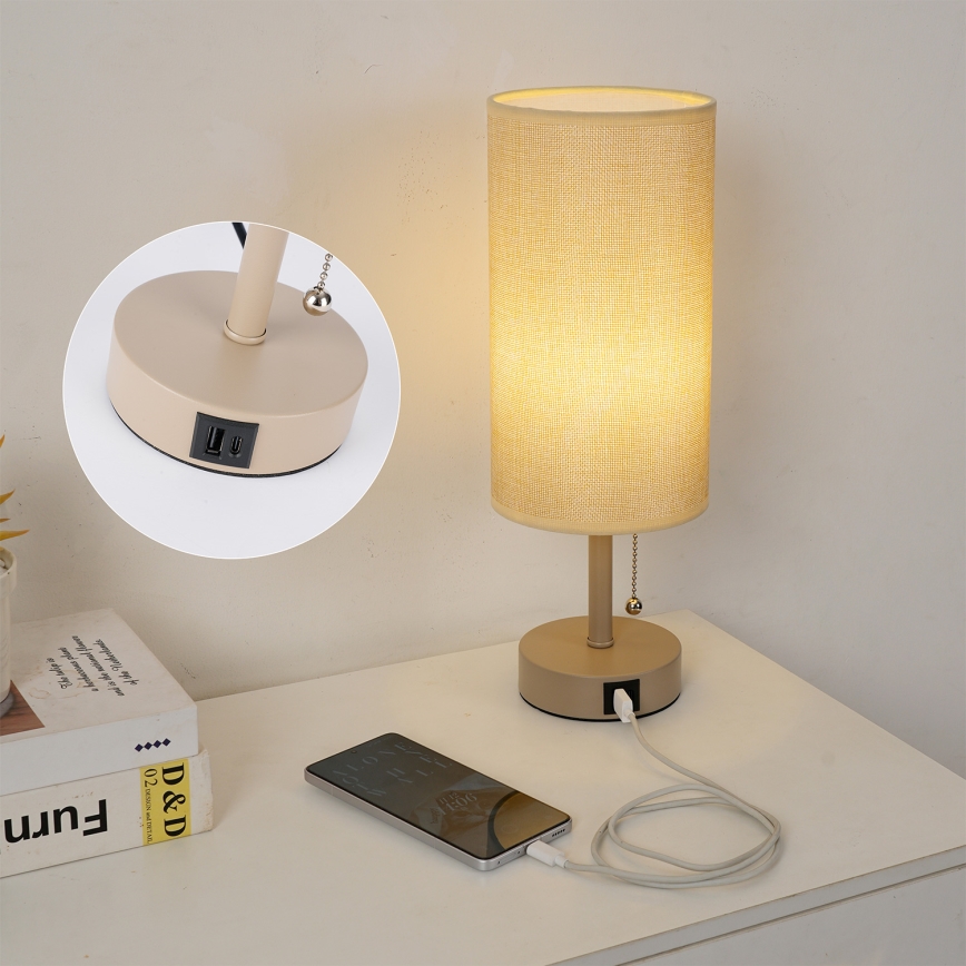 Brilagi - Pöytälamppu USB-portilla TABLON 1xE27/25W/230V beige