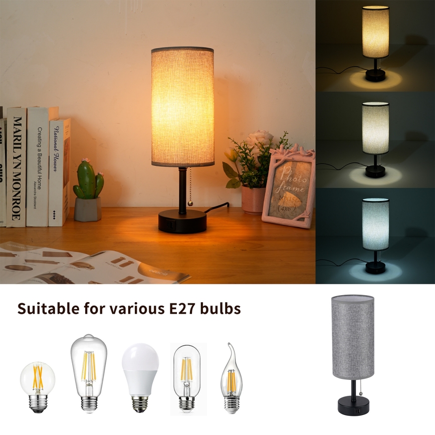 Brilagi - Pöytälamppu USB-portilla TABLON 1xE27/25W/230V musta/harmaa