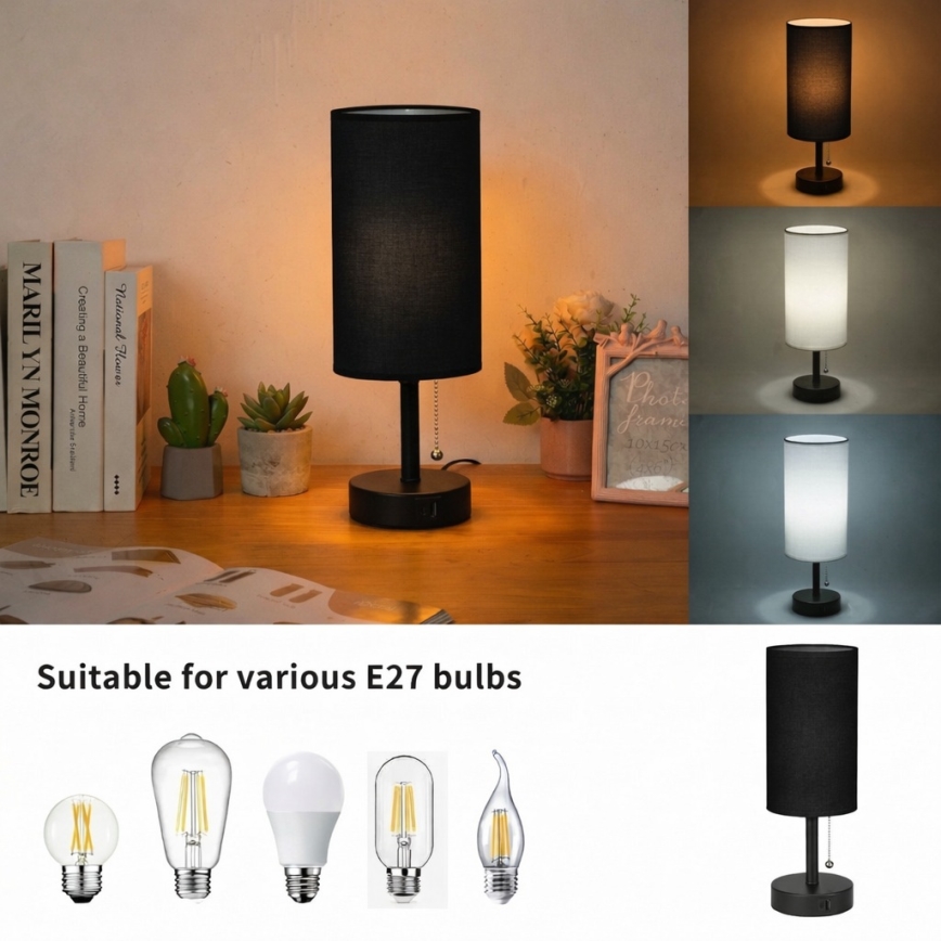 Brilagi - Pöytälamppu USB-portilla TABLON 1xE27/25W/230V musta