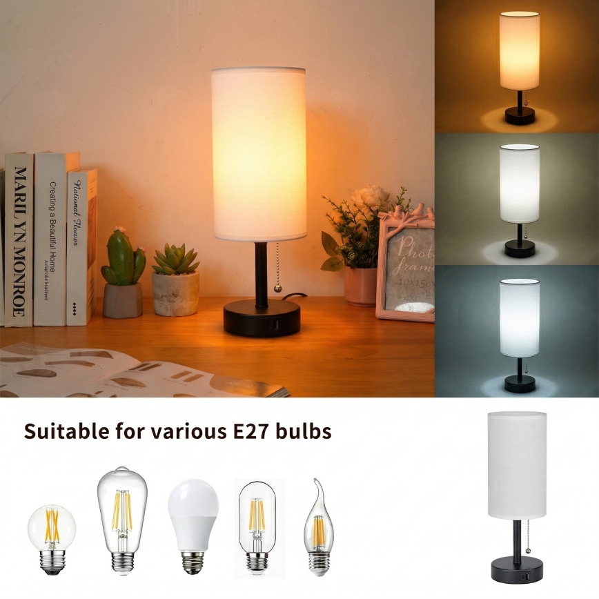 Brilagi - Pöytälamppu USB-portilla TABLON 1xE27/25W/230V musta/valkoinen