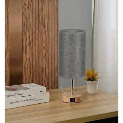 Brilagi - Pöytälamppu USB-portilla TABLON 1xE27/25W/230V tammi/beige/harmaa
