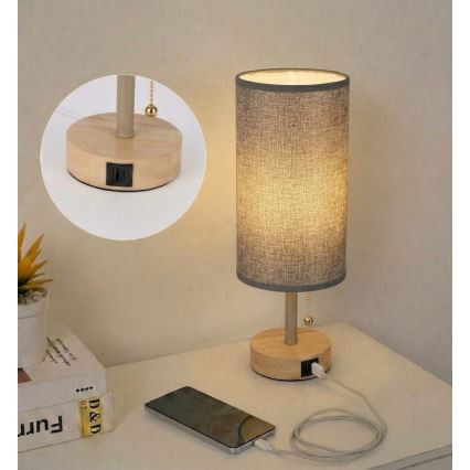 Brilagi - Pöytälamppu USB-portilla TABLON 1xE27/25W/230V tammi/beige/harmaa