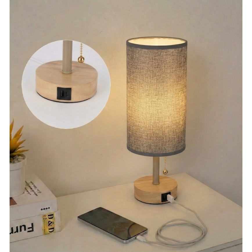Brilagi - Pöytälamppu USB-portilla TABLON 1xE27/25W/230V tammi/beige/harmaa