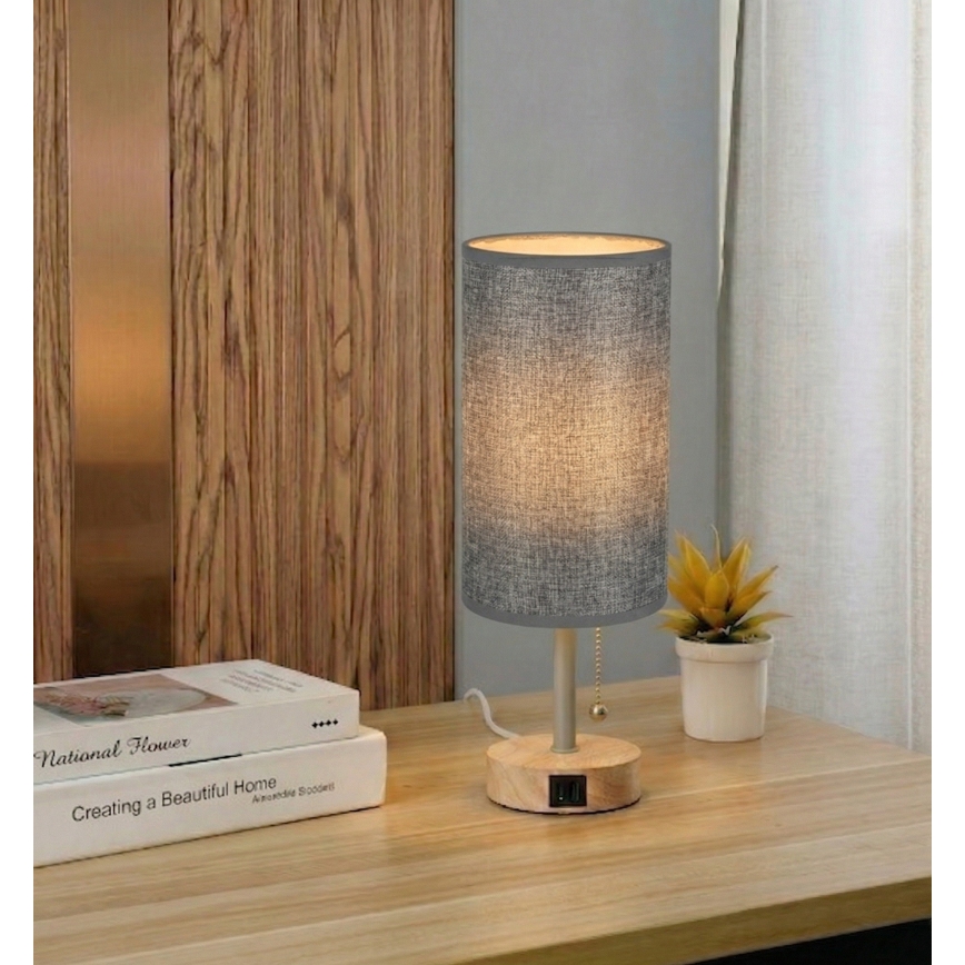 Brilagi - Pöytälamppu USB-portilla TABLON 1xE27/25W/230V tammi/beige/harmaa