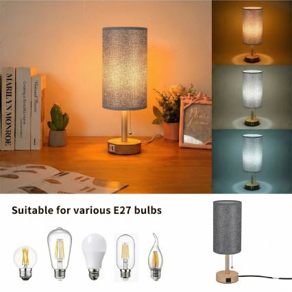 Brilagi - Pöytälamppu USB-portilla TABLON 1xE27/25W/230V tammi/beige/harmaa