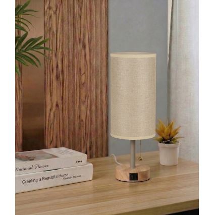 Brilagi - Pöytälamppu USB-portilla TABLON 1xE27/25W/230V tammi/beige