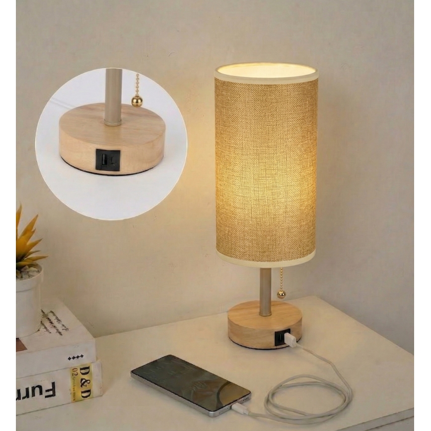 Brilagi - Pöytälamppu USB-portilla TABLON 1xE27/25W/230V tammi/beige