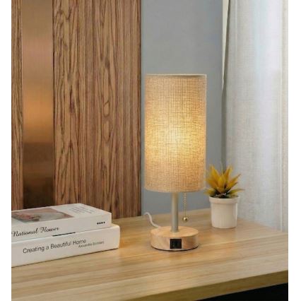 Brilagi - Pöytälamppu USB-portilla TABLON 1xE27/25W/230V tammi/beige