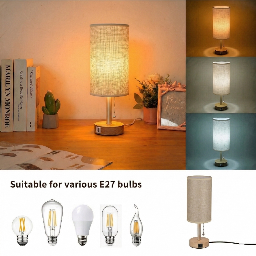 Brilagi - Pöytälamppu USB-portilla TABLON 1xE27/25W/230V tammi/beige