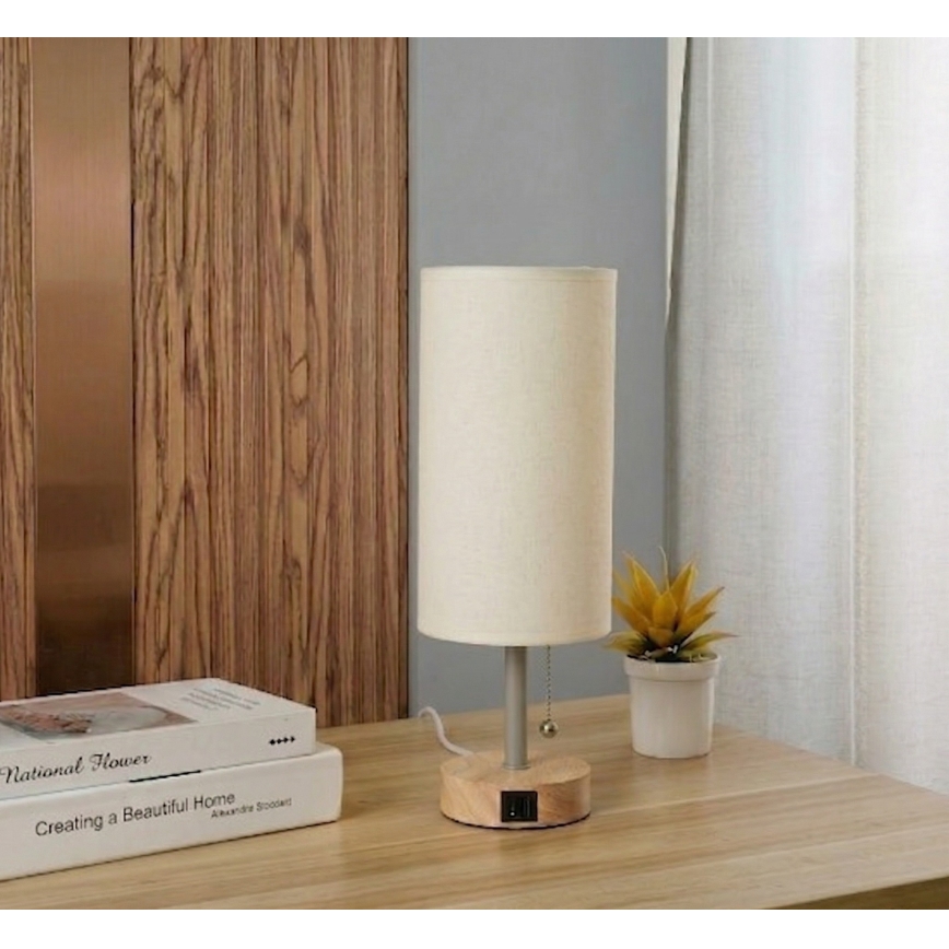 Brilagi - Pöytälamppu USB-portilla TABLON 1xE27/25W/230V tammi/beige/kerma